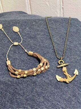 Brown Suede Multi-Strand Bracelet & Gold Anchor Necklace Set